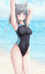 absurdres animal_ear_fluff animal_ears arms_behind_head azurarts beach black_one-piece_swimsuit blue_archive blue_eyes blue_sky breasts cloud commentary competition_swimsuit covered_navel cross_hair_ornament day extra_ears grey_hair hair_ornament halo highres horizon low_ponytail medium_breasts medium_hair mismatched_pupils multicolored_swimsuit ocean official_alternate_costume one-piece_swimsuit outdoors ponytail shiroko_(blue_archive) shiroko_(swimsuit)_(blue_archive) sky standing swimsuit wolf_ears