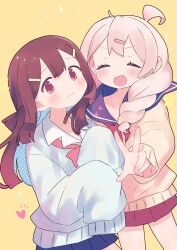 2girls :d ahoge blonde_hair blue_skirt blue_sweater blush brown_hair closed_eyes colored_inner_hair cowboy_shot dot_nose genderswap genderswap_(mtf) hair_ornament hairpin heart highres hozuki_momiji legs_apart long_hair long_sleeves looking_at_viewer miniskirt multicolored_hair multiple_girls neckerchief onii-chan_wa_oshimai! open_mouth oyama_mahiro polka_dot polka_dot_hair red_eyes red_skirt sailor_collar school_uniform simple_background skirt sleeves_past_fingers sleeves_past_wrists smile standing sweater tareme two-tone_hair yabasoba yellow_background yellow_sweater
