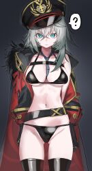 1girl ? absurdres belt between_breasts bikini black_bikini black_coat black_hat black_survival black_thighhighs blue_eyes breasts coat cowboy_shot eternal_return:_black_survival gluteal_fold grey_hair halterneck hat highres katja_(black_survival) krabking long_hair long_sleeves looking_at_viewer medium_breasts multicolored_coat navel necktie necktie_between_breasts peaked_cap red_coat solo spoken_question_mark stomach string_bikini swimsuit thighhighs two-tone_coat