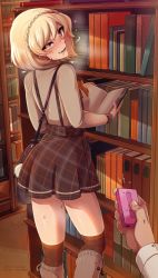 1girl 2019 artist_name bad_id bad_pixiv_id bag blonde_hair book bookshelf boots borrowed_character bracelet controller discreet_vibrator drooling earrings from_behind heart heart-shaped_pupils heavy_breathing highres holding holding_book indoors jewelry knee_boots library light_particles long_sleeves looking_at_viewer looking_back merunyaa open_book original patreon_username pearl_bracelet pearl_earrings pixiv_username plaid_clothes plaid_skirt pov pov_hands pussy_juice reading remote_control remote_control_vibrator sammy_(bestsammy) sex_toy short_hair shoulder_bag signature skirt smile solo_focus suspender_skirt suspenders sweat symbol-shaped_pupils thighhighs uneven_eyes vibrator vibrator_under_clothes wireless_sex_toy_controller