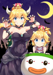 2girls absurdres armlet bare_shoulders bat_(animal) bib black_dress black_nails blonde_hair blush bowsette bowsette_jr. bracelet breasts brooch claw_pose cleavage collar collarbone covered_navel crescent_moon crown dress earrings fang fang_out fingernails forked_eyebrows grin hair_between_eyes halloween hands_up highres horns jewelry koopa_clown_car large_breasts long_hair looking_at_viewer mario_(series) medium_breasts miyabi_(miyabeeya) moon mother_and_daughter multiple_girls nail_polish new_super_mario_bros._u_deluxe night night_sky nintendo ponytail sharp_fingernails sharp_teeth sky smile spiked_armlet spiked_bracelet spiked_collar spiked_shell spikes star_(sky) starry_sky strapless strapless_dress teeth thick_eyebrows turtle_shell v-shaped_eyebrows
