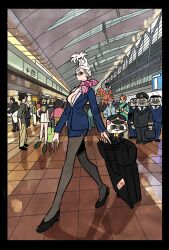 5boys 5girls airport alien alternate_costume ayase_momo ayase_seiko bag black_border black_hair black_jacket black_shirt black_shoes blue_jacket blue_skirt border breasts brown_hair cat cleavage closed_mouth collared_shirt commentary dandadan earrings enjoji_jin flatwoods_monster_(dandadan) floral_print_shirt full_body glasses grandmother_and_granddaughter green_shirt grey_pantyhose grey_shirt hat highres indoors jacket jewelry kitou_naki large_breasts long_hair looking_at_another mature_female miniskirt multiple_boys multiple_girls necktie open_mouth orange_shirt pantyhose partially_unbuttoned pilot_uniform pink_hair red_hair serpo_(dandadan) shiratori_aira_(dandadan) shirt shoes short_hair shoulder_bag skirt smile standing suitcase sunglasses takakura_ken_(dandadan) takeuchi_ryousuke turbo_granny_(dandadan) walking white_hair white_shirt white_skirt