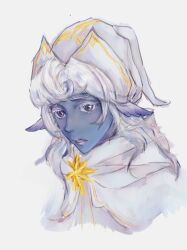 1boy absurdres blue_skin character_request cherry.jin chinese_commentary cloak colored_eyelashes colored_skin commentary_request cropped_torso fins furrowed_brow grey_background head_fins highres hood hood_up hooded_cloak infinity_nikki lips long_hair looking_at_viewer male_focus nikki_(series) open_mouth personification purple_eyes shirt simple_background solo teeth textless_version thick_eyebrows white_cloak white_hair white_shirt worried