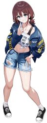 1girl absurdres bare_shoulders blue_eyes brown_hair collarbone crop_top denim girls_band_cry highres iseri_nina jacket jeans long_hair looking_at_viewer low_twintails midriff_peek open_mouth pants shorts socks standing teeth togenashi_togeari torn_clothes torn_jeans torn_pants twintails white_background white_socks zaofeng
