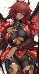 Rule 34 | 1girl, abs, armor, bodystocking, breasts, dakimakura (medium), dark-skinned female, dark skin, demon girl, demon horns, demon wings, horns, large breasts, lying, navel, on back, open mouth, original, red eyes, red hair, shoulder armor, tony guisado, underboob, wings