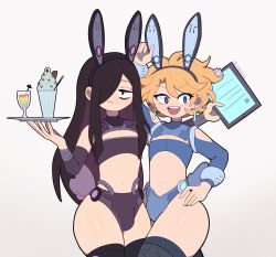 2boys animal_ears arm_up artist_name black_hair blonde_hair bulge rabbit_ears cowboy_shot detached_sleeves earrings fake_animal_ears grey_background hand_on_own_hip highres holding holding_tray jewelry long_hair long_sleeves midriff multiple_boys navel open_mouth original roland_(ms_pigtails) sergey_(ms_pigtails) short_hair simple_background sky_guy_art smile thighhighs trap tray very_long_hair
