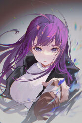 1girl 22nian22 absurdres black_coat black_robe blunt_bangs capelet closed_mouth clothes-dissolving_potion coat dress fern_(sousou_no_frieren) highres holding holding_staff long_hair looking_at_viewer mage_staff purple_eyes purple_hair robe solo sousou_no_frieren staff straight_hair upper_body white_capelet white_dress
