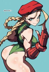 1girl absurdres ass ass_focus blonde_hair blue_eyes braid breasts cammy_white fingerless_gloves gloves highres komatsuki_n leotard red_gloves smile solo street_fighter twin_braids