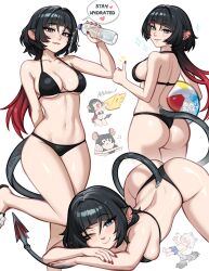 1girl alternate_costume animal_ears artist_name ass ball beachball bikini black_bikini black_hair blunt_bangs blushyspicy breasts chibi collarbone commentary english_commentary english_text green_eyes heart highres holding holding_ball holding_beachball jacket jane_doe_(zenless_zone_zero) long_hair looking_at_viewer meme mouse_ears mouse_girl multicolored_hair multiple_views navel red_hair seth_lowell sideboob smile speech_bubble spoken_heart stomach swimsuit tail thong thong_bikini tom_and_jerry triangle_jerry_(meme) zenless_zone_zero