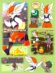 1girl backpack bag bob_cut boots brown_bag brown_footwear brown_hair cardigan character_name cinderace collared_dress commentary_request confetti dress flag gen_8_pokemon gloria_(pokemon) grass green_headwear green_legwear grey_cardigan hat hood hooded_cardigan inoshikachou nintendo pink_dress plaid_clothes plaid_legwear plaid_socks pokemon pokemon_(creature) pokemon_swsh red_card socks speech_bubble tam_o&#039;_shanter