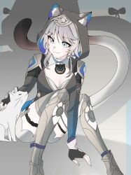 Rule 34 | 1girl, animal ear fluff, animal ears, animal hood, black gloves, black leotard, blue eyes, boots, breasts, cat, cat ears, cat girl, cat hood, cat tail, chinese commentary, cipher (honkai: star rail), commentary request, fingerless gloves, gloves, gold boots, grey hair, highres, honkai: star rail, honkai (series), hood, leotard, lizi mogu, medium breasts, petting, short hair with long locks, sitting, smile, solo, tail, thigh boots
