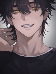 Rule 34 | 1boy, absurdres, black hair, black shirt, cheng xiaoshi, eyelashes, fang, grey background, grin, hair between eyes, hand in own hair, hand up, highres, looking at viewer, male focus, portrait, shiguang dailiren, shirt, short hair, simple background, slit pupils, smile, solo, teeth, tingaqingjianggushi, upper body, yellow eyes