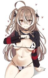 1girl ahoge animal_ears animal_print bikini black_choker black_shirt blush breasts brown_eyes brown_hair choker clothes_lift cow_ears cow_horns cow_print cow_print_bikini eyebrows_hidden_by_hair fake_animal_ears fake_horns hair_between_eyes heart highres hololive hololive_english horns long_hair looking_at_viewer medium_breasts multicolored_hair nail_polish nanashi_mumei navel_piercing open_mouth peps_art piercing print_bikini shirt shirt_lift simple_background sitting solo streaked_hair swimsuit very_long_hair white_background