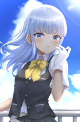 1girl black_vest blue_eyes blue_hair blush bow bowtie breasts cloud cloudy_sky collared_shirt day gloves hatsukaze_(kancolle) highres kantai_collection long_hair looking_at_viewer neckerchief outdoors piyobomu school_uniform shirt skirt sky small_breasts smile solo vest white_gloves yellow_bow yellow_bowtie yellow_neckerchief