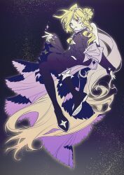 Rule 34 | 1girl, absurdly long hair, absurdres, bare shoulders, bilibili 748203, black boots, black dress, blonde hair, boots, chinese commentary, commentary request, curly hair, detached sleeves, dress, floating, hair bun, hair ornament, heterochromia, highres, indie virtual youtuber, kaofish, long bangs, long hair, long sleeves, looking at viewer, open mouth, red eyes, sidelocks, single side bun, sky, sleeves past wrists, solo, star (sky), star (symbol), star hair ornament, starry sky, thigh boots, very long hair, virtual youtuber, wavy hair, yellow eyes