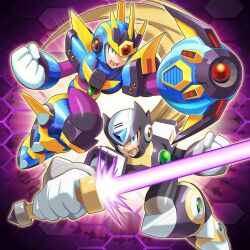 Rule 34 | 2boys, arm cannon, armor, black armor, black helmet, black zero (mega man), blonde hair, blue armor, blue eyes, blue helmet, chest jewel, clenched hand, commentary, energy sword, english commentary, forehead jewel, green eyes, helmet, highres, holding, holding sword, holding weapon, long hair, male focus, mega man (series), mega man x (series), multiple boys, purple background, sword, ultimate armor x (mega man), ultimatemaverickx, weapon, x (mega man), z saber, zero (mega man)