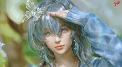 1girl absurdres alternate_costume artist_name blue_hair blurry blurry_background butterfly_hair_ornament closed_mouth commentary earrings english_commentary hair_between_eyes hair_ornament highres jewelry jvn long_hair long_sleeves looking_at_viewer necklace portrait purple_eyes realistic shorekeeper_(wuthering_waves) solo wuthering_waves