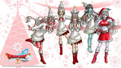 5girls artist_request back_fin barefoot belt black_belt black_horns blue_skin bob_cut boots bow breasts christmas circlet colored_skin copyright_logo copyright_name cropped_shirt dragon_girl dragon_quest dragon_quest_x dress dress_bow earrings estella_(dq10) fins fish_girl floating_hair fur_trim gloves gold_anklet gratzel_(dq10) green_eyes hand_on_own_hip hat hat_ornament head_fins horns jewelry large_breasts leg_up long_hair looking_at_viewer looking_to_the_side maiyu_(dq10) medium_breasts multiple_girls music navel official_art official_wallpaper ogre_(dq10) open_mouth own_hands_together parted_hair pink_hair pointy_ears purple_eyes purple_skin red_bow red_footwear red_gloves red_lips red_skin red_skirt riin_(dq10) seria_(dq10) short_hair shoulder_spikes silver_circlet singing skirt sleeveless sleeveless_turtleneck smile spikes star_(symbol) star_hat_ornament tail third-party_source tiara turtleneck waving weddie_(dq10) white_dress white_hair white_hat yellow_eyes