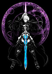 Rule 34 | 1girl, absurdres, armor, armored boots, asymmetrical bangs, beatrix (granblue fantasy), boots, granblue fantasy, granblue fantasy versus: rising, highres, holding, holding sword, holding weapon, hollow 555, limited palette, looking at viewer, magic circle background, ponytail, solo, sword, weapon