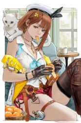 1girl atelier_(series) atelier_ryza atelier_ryza_2 belt beret black_gloves braid brown_eyes brown_hair cat commentary_request earrings food fruit gloves hair_ornament hat highres indoors jewelry key key_necklace looking_at_viewer mouth_hold necklace orange_(fruit) red_shorts reisalin_stout revision shiren_(ourboy83) shorts side_braid sitting sleeveless solo thighs white_cat white_hat window