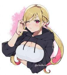 1girl arm_under_breasts artist_name black_shrug blonde_hair breasts cleavage closed_mouth colored_inner_hair commentary_request cropped_torso half-heart_hands highres hooded_shrug kusunoki_aroma large_breasts light_blush long_hair looking_at_viewer multicolored_hair murata_tefu one_eye_closed pink_background pink_eyes pink_hair sawaranaide_kotesashi-kun shirt shrug_(clothing) solo twintails twitter_username two-tone_background white_background white_shirt