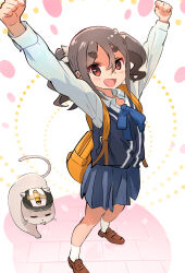 1girl :d animal arms_up backpack bag blue_ribbon blue_skirt blue_vest bow brown_hair brown_shoes cardigan_vest cat clenched_hands collared_shirt full_body hat highres holding holding_bag kiriyama_an kyarahiba light_blush loafers long_sleeves looking_at_viewer mono_(afro) neck_ribbon open_mouth outstretched_arms penlight_(flashlight) pleated_skirt ribbon school_uniform shirt shoes skirt smile socks taishou_(mono) tape thick_eyebrows tile_floor tiles twintails vest white_bow white_cat white_shirt white_socks yellow_bag