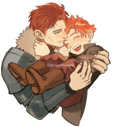 2boys ^_^ aged_down armor black_coat blush boots brown_boots closed_eyes closed_mouth coat collared_coat cropped_torso enononono6 father_and_son fire_emblem fire_emblem:_three_houses fur_trim male_focus matthias_raoul_gautier multiple_boys nintendo open_mouth orange_hair pants popped_collar red_eyes red_hair red_pants simple_background smile sylvain_jose_gautier teeth twitter_username upper_teeth_only white_background white_fur