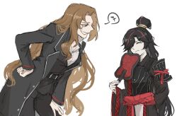 Rule 34 | 2girls, black coat, black hair, black hanfu, black pants, black vest, blue eyes, brown hair, chinese clothes, closed eyes, coat, collared shirt, hair bun, hair over one eye, hand fan, hanfu, high ponytail, highres, holding, holding fan, kelala r, limbus company, long hair, looking at another, mole, mole under mouth, multicolored hair, multiple girls, pants, parted bangs, ponytail, project moon, red rope, red streaks, rodion (project moon), rope, rope belt, shirt, simple background, standing, streaked hair, upper body, vest, white background, white shirt, zigong (project moon)