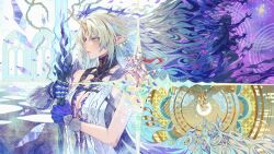 2girls absurdres armored_gloves black_collar black_dress blonde_hair blue_eyes breasts cartethyia_(wuthering_waves) chinese_commentary closed_mouth collar commentary commentary_request dress dual_persona english_commentary fleurdelys_(wuthering_waves) highres holding holding_sword holding_weapon horns jewelry large_breasts long_hair looking_ahead mixed-language_commentary multiple_girls necklace pointy_ears sagi_(sagi_0116) single_horn split_theme sword tabard tacet_mark_(wuthering_waves) weapon white_tabard wuthering_waves yellow_horns