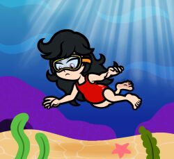 1girl ashley_(warioware) black_hair captainquack64 goggles nintendo ocean one-piece_swimsuit red_eyes red_one-piece_swimsuit sand seaweed solo starfish summer swimming swimsuit twintails underwater warioware water witch