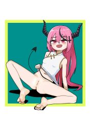 1girl absurdres barefoot blush bottomless china_dress chinese_clothes clothes_lift demon_girl demon_tail dress dress_lift feet highres horns long_hair looking_at_viewer no_panties open_mouth pink_eyes pink_hair pussy sally_frank soles tail toes