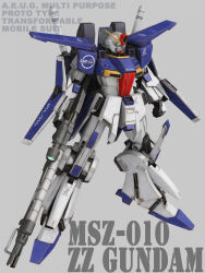 3d aeug beam_cannon beam_rifle character_name commentary_request energy_gun english_text grey_background gundam gundam_zz highres machinery mecha mecha_focus mobile_suit no_humans realistic robot roundel science_fiction shield tomholy v-fin weapon zz_gundam