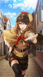 1girl :o archived_source belt belt_buckle black_thighhighs blue_eyes brown_belt brown_capelet brown_hair brown_hat brown_shorts brown_vest buckle capelet cloud cloudy_sky collared_shirt cosplay cowboy_shot day deerstalker game_cg hair_between_eyes hand_on_own_hip hat highres house huke long_hair long_sleeves looking_at_viewer makise_kurisu neck_ribbon official_alternate_costume official_art open_mouth outdoors plaid_clothes plaid_shorts pointing pointing_at_viewer red_ribbon ribbon science_adventure sherlock_holmes sherlock_holmes_(cosplay) shirt short_shorts shorts sky solo steins;gate thighhighs third-party_source v-shaped_eyebrows vest white_shirt