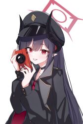 1girl beret black_choker black_hair black_hat black_horns black_jacket black_shirt blue_archive buttons camera chiaki_(blue_archive) choker collared_shirt commentary demon_horns hair_between_eyes halo hat highres holding holding_camera horns jacket jacket_on_shoulders long_hair looking_at_viewer necktie open_clothes open_jacket pointy_ears red_eyes red_halo red_necktie shirt short_necktie sidelocks smile solo tah_noey two-sided_fabric two-sided_jacket upper_body white_background