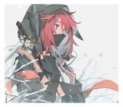 1girl absurdres animal_ear_hood arknights armband black_coat black_gloves border closed_mouth coat covered_mouth crownslayer_(arknights) dopperu_ben elbow_gloves english_text fake_animal_ears fingerless_gloves fur-trimmed_coat fur_trim gloves hair_between_eyes hands_up highres holding holding_sword holding_weapon hood hood_up hooded_coat hyena_ears hyena_girl jacket long_sleeves mask mouth_mask open_clothes open_coat red_armband red_eyes red_hair sample_watermark shirt short_hair solo sword upper_body watermark weapon white_border white_shirt zipper