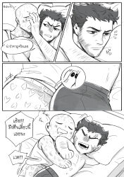 2boys anger_vein annoyed arm_hair ass bald bara beard bed blush boxers closed_eyes closed_mouth commentary_request couple cuddling deadpool deadpool_&amp;_wolverine deadpool_(series) dreaming_oor facial_hair hand_on_another&#039;s_face heart heart_print highres hug hug_from_behind implied_erection looking_at_another lying male_focus male_underwear marvel marvel_cinematic_universe mature_male monochrome multiple_boys muscular muscular_male on_side open_mouth pectorals pillow scar scars_all_over short_hair sleeping speech_bubble teeth thighs too_many topless_male translation_request underwear v-shaped_eyebrows wolverine_(x-men) x-men yaoi zzz