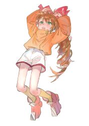 1girl arms_up artist_name blush boots bow brown_hair child full_body green_eyes hair_bow highres long_hair long_sleeves orange_boots orange_shirt ponytail red_bow scryed shirt shirt_tucked_in shorts simple_background socks solo ueno_zousui very_long_hair white_background white_shorts yellow_socks yuuta_kanami