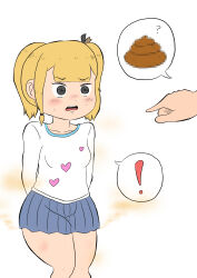 ! 1girl ? absurdres artist_request blonde_hair blue_skirt blush censored embarrassed emoji fart fart flat_chest highres loli poop_emoji skirt tagme thighs