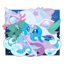 1girl ariemon blue_background blue_hair blue_skin chibi colored_skin digimon digimon_(creature) fang forehead_jewel hat highres holding holding_staff japanese_clothes kimono pink_kimono simple_background solo staff yagi_kiki