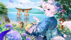 1girl andychen animal_ear_fluff animal_ears blue_eyes blue_hair blue_kimono blush bug butterfly d-pad d-pad_hair_ornament day fang floral_print flower fox_ears fox_girl fox_tail from_behind hair_bun hair_ornament hairclip highres insect japanese_clothes kimono lake lantern long_sleeves meridian_project mizuki_(vtuber) multicolored_hair obi official_art open_mouth outdoors petals plant print_kimono purple_flower sash shirt short_hair single_hair_bun smile solo streaked_hair tail torii tree upper_body virtual_youtuber white_shirt wooden_lantern