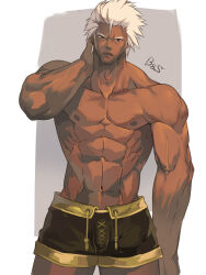 1boy abs bara black_shorts bulge character_request cross-laced_clothes cross-laced_legwear cross-laced_underwear dark-skinned_male dark_skin dungeon_and_fighter feet_out_of_frame hair_slicked_back head_tilt looking_at_viewer male_focus muscular muscular_male navel nikism nipples obliques pectorals short_hair shorts sideburns solo standing stomach thick_eyebrows thick_thighs thighs topless_male v-taper veins veiny_arms white_hair