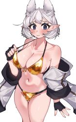 absurdres animal_ears auraaa bikini blue_eyes blush breasts collarbone commentary cowboy_shot english_commentary fingerless_gloves gloves gold_bikini grey_hair highres jacket large_breasts lorel_(auraaa) mole mole_on_breast navel off_shoulder original pointy_ears short_hair sweat swimsuit thigh_gap white_hair wolf_ears