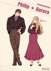 1boy 1girl absurdres animification aurora_(disney) blonde_hair brown_hair dress highres lips long_hair long_sleeves looking_at_viewer makeup mizala phillip_(disney) short_hair simple_background sleeping_beauty_(disney) smile