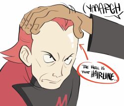 2boys archie_(pokemon) arrow_(symbol) black_eyes closed_mouth coat english_text hand_on_another&#039;s_head highres large_forehead logo looking_up lynn_(daisiloou) male_focus maxie_(pokemon) medium_hair multiple_boys nintendo pokemon pokemon_rse receding_hairline red_hair shiny_skin simple_background speech_bubble team_magma white_background