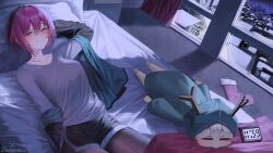 2girls arm_up black_hair black_jacket black_pantyhose black_shorts blue_hoodie blue_jacket breasts chirou_(osu!) clock closed_eyes closed_mouth collarbone digital_clock dolphin_shorts green_eyes grey_shirt hair_between_eyes happy_new_year highres hood hoodie indoors jacket jacket_partially_removed jinnnnnn23 large_breasts long_sleeves lying multicolored_hair multiple_girls new_year night on_bed on_stomach osu! pantyhose pantyhose_under_shorts pink_hair pippi_(osu!) second-party_source shirt short_shorts shorts smile twitter_username two-sided_fabric two-sided_jacket two-tone_hair yurie_mouth
