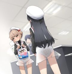 black_hair blush brown_hair cardcaptor_sakura clerk daidouji_tomoyo diaper diaper_under_clothes embarrassed hair_bobbles hair_ornament hat innofance kinomoto_sakura loli long_hair school_uniform short_hair supermarket transparent_skirt