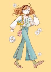 1girl ^_^ bag black_hairband closed_eyes cropped_jacket fashion flower full_body green_pants green_shirt hairband high-waist_pants highres jacket open_mouth original pants red_hair shirt shoulder_bag simple_background smile solo urayaka walking white_jacket yellow_background