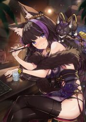 Rule 34 | 1girl, absurdres, animal ear fluff, animal ears, black hair, black panties, black thighhighs, blush, breasts, commentary request, commission, dress, folded fan, folding fan, fox, fox ears, glass, hand fan, highres, holding, holding fan, indie virtual youtuber, indoors, multicolored hair, panties, parted lips, purple dress, purple eyes, purple hair, ral (ralf), sitting, skeb commission, streaked hair, table, tail, thighhighs, underwear, virtual youtuber, yamigashi kana