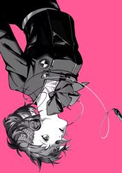 1girl bow chinese_commentary collared_shirt digital_media_player digital_walkman gekkoukan_high_school_uniform greyscale_with_colored_background hair_ornament hairclip hairpin headphones highres looking_down multiple_hairpins open_mouth persona persona_3 persona_3_portable pink_background school_uniform shiomi_kotone shiosakana shirt short_hair solo upside-down walkman_nw-s203f