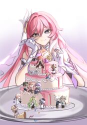 1girl animal_ears aponia_(honkai_impact) bare_shoulders birthday_cake black_dress black_jacket black_pants black_shirt black_suit blonde_hair blue_(bluespring1513) blue_dress blue_eyes blue_hair brown_hair cake cake_decoration cat_ears confetti cosplay dress eden_(honkai_impact) elbow_gloves elysia_(herrscher_of_human:_ego)_(honkai_impact) elysia_(honkai_impact) food formal_clothes fu_hua gloves grey_hair griseo griseo_(starry_impression) hair_between_eyes highres honkai_(series) honkai_impact_3rd horns jacket kalpas_(honkai_impact) kalpas_(honkai_impact)_(cosplay) kevin_kaslana kosma long_hair maid mask mask_on_head mobius_(honkai_impact) pants pardofelis pink_pupils rabbit_ears red_hair shirt simple_background skirt su_(honkai_impact) suit table triquetra upper_body veil very_long_hair vill-v white_dress white_gloves white_hair white_jacket white_skirt white_veil yae_sakura